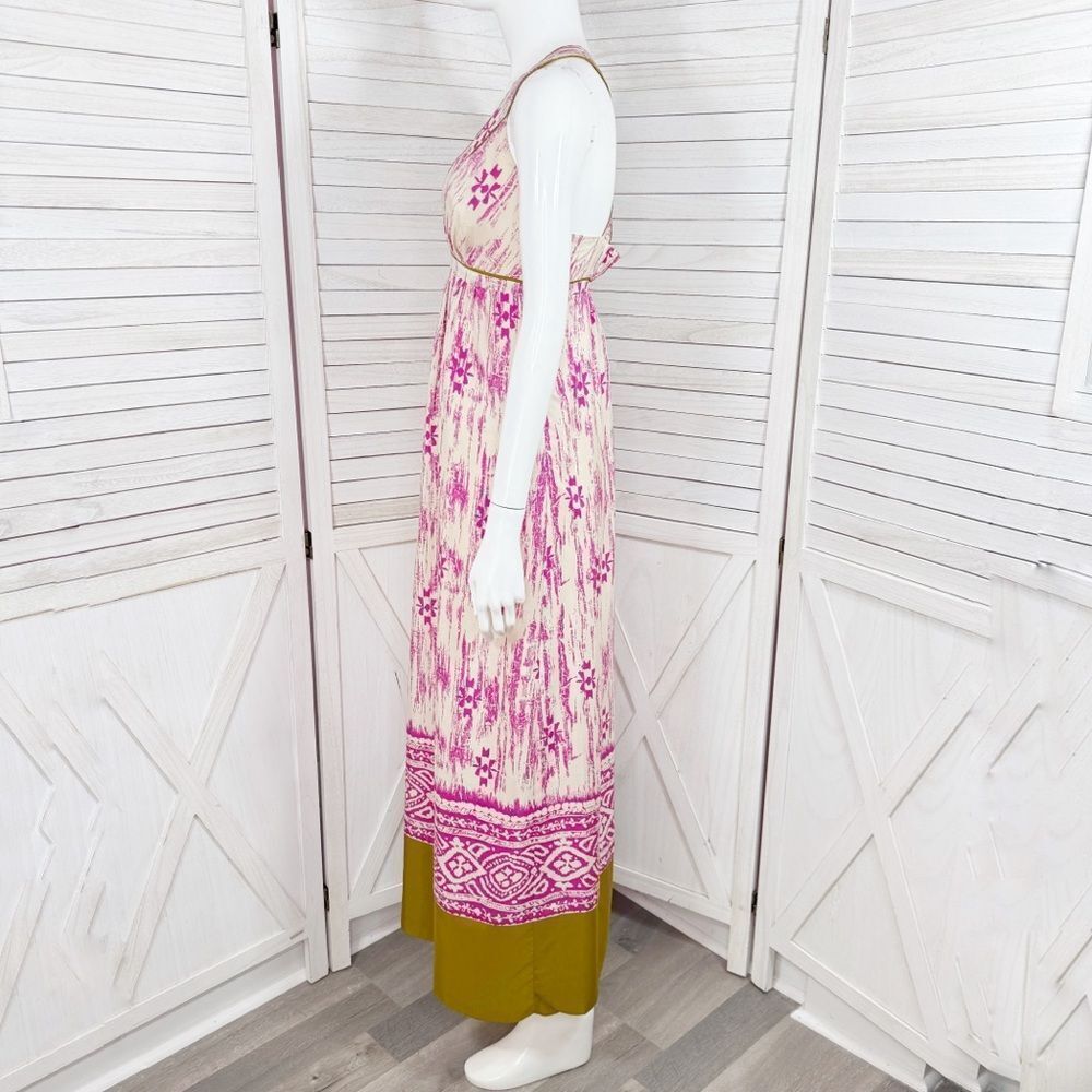Loft Silk Ikat Tribal Print Maxi Dress Sundress Pink Cream Size 2 - Picture 3 of 15